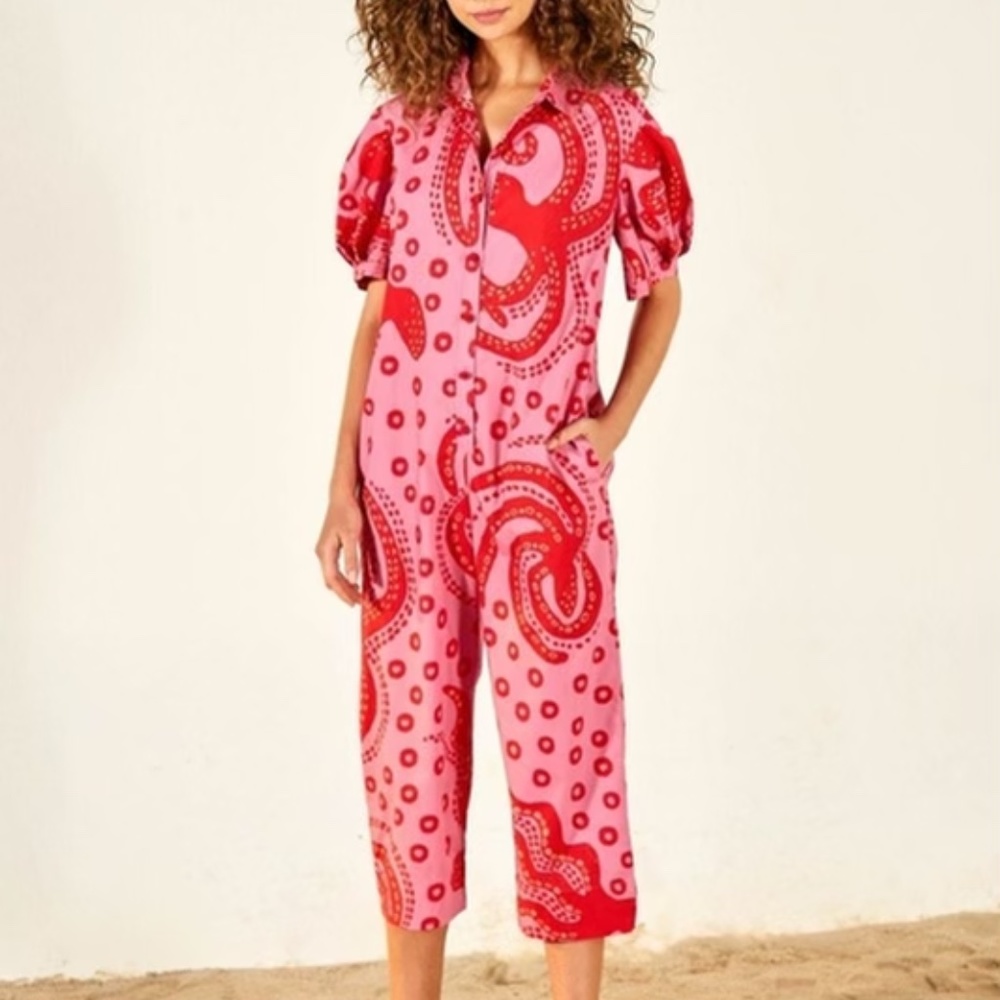Farm Rio Octocool Jumpsuit Pink Puff Sleeve Cropped Legs Collared Ribbon Belt M